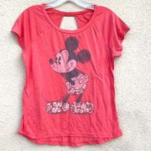DISNEY MICKEY MOUSE tee shirt top red graphic print image black keyhole floral
